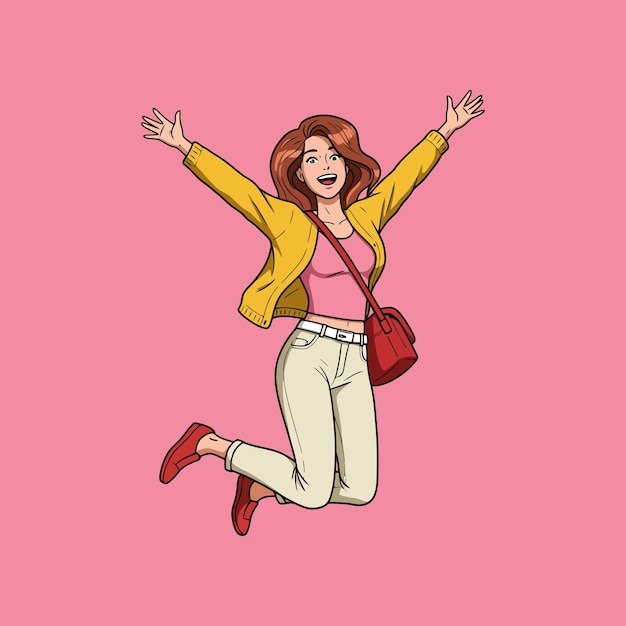 Ilustração de arte pop de mulher alegre saltando