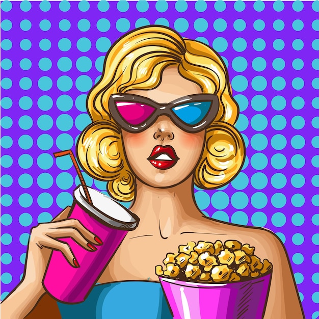Ilustração de arte pop vetorial de linda senhora com óculos d