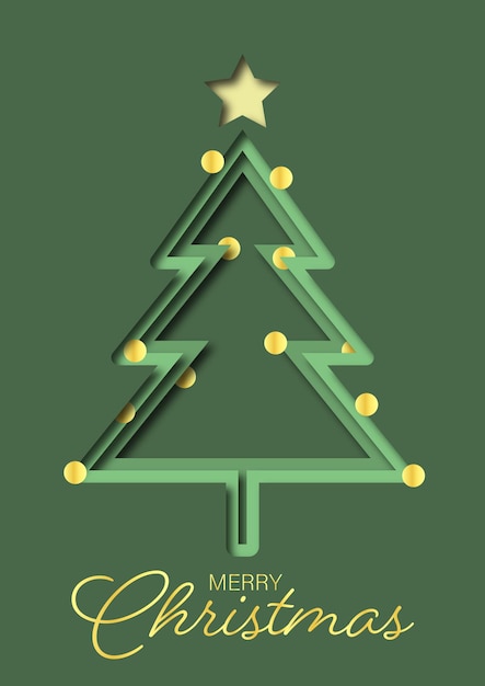 Ilustração de árvore de Natal verde e dourada com texto de Natal feliz