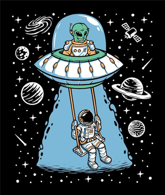 Ilustração de astronauta e alienígena brincando juntos