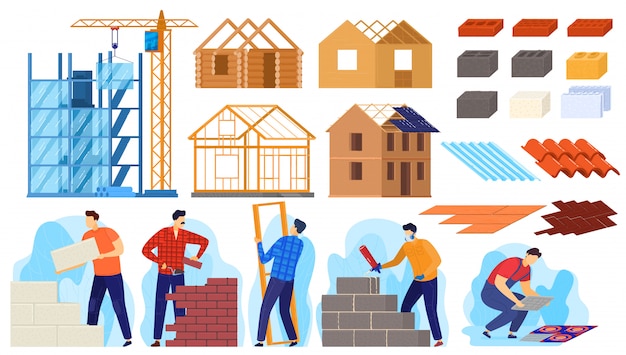 Ilustração de atividade de construção de construção, personagens de desenhos animados trabalhador ativo construir casa, construtores fazendo o trabalho de construção