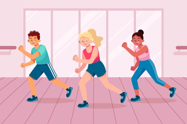 Ilustração de aula de fitness de dança desenhada à mão plana