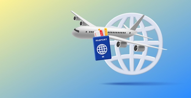 Ilustração de avião 3d com passaporte e cartão de embarque dentro na frente do ícone mundial de grande volume