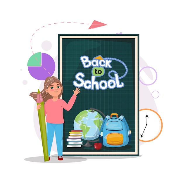 Vetor ilustração de back to school com uma menina bonita de pé com um lápis grande ao lado do quadro de grade verde