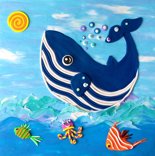 Ilustração de baleia de barro artesanal fofa