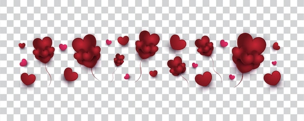 Ilustração de balões de coração vermelho bonito isolada em elementos de decoração de dia dos namorados de fundo transparente