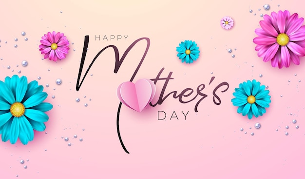 Vetor ilustração de bandeira de feliz dia das mães com flor de primavera e letra tipográfica em fundo rosa