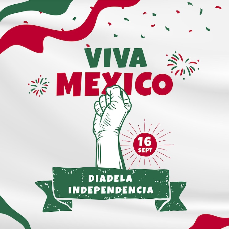 Vetor ilustração de bandeira quadrada da celebração do dia da independência do méxico tradução 16 de setembro viva o dia da independência do méxico agitando a bandeira e as mãos apertadas ilustração vetorial