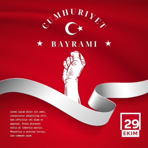 Ilustração de bandeira quadrada da celebração do dia da república turquia tradução 29 de outubro dia da república turquia acenando bandeira e mãos cerradas ilustração vetorial