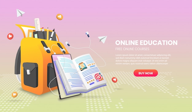 Ilustração de banner de e-learning com bolsa, livro e celular para o conceito de cursos ou tutoriais da web.