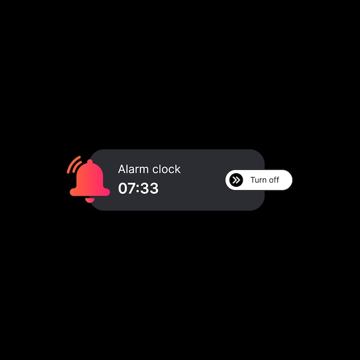 Vetor ilustração de banner de notificação de despertador conceito de interface do usuário de mídia social em fundo preto despertador editável com ícone de campainha tocando tempo e desligar elemento da web do botão para aplicativos móveis