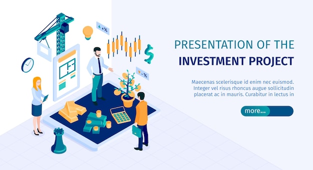 Ilustração de banner web isométrica horizontal de decisões de investimento