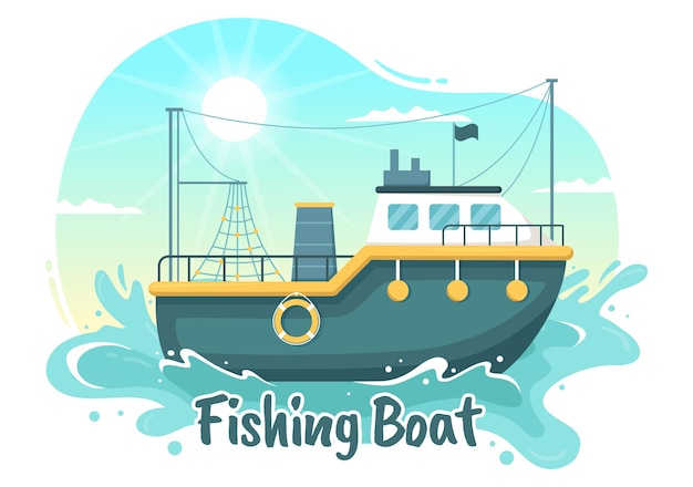 Ilustração de barco de pesca com pescadores caçando peixes usando modelos vetoriais desenhados na mão
