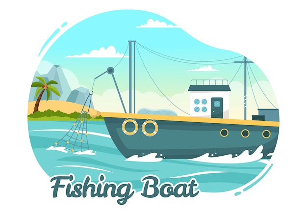 Vetor ilustração de barco de pesca com pescadores caçando peixes usando modelos vetoriais desenhados na mão