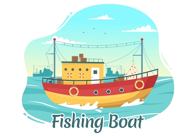 Vetor ilustração de barco de pesca com pescadores caçando peixes usando modelos vetoriais desenhados na mão