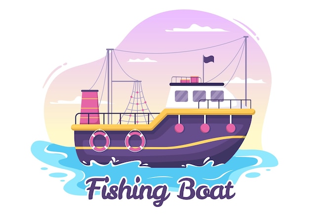 Vetor ilustração de barco de pesca com pescadores caçando peixes usando modelos vetoriais desenhados na mão