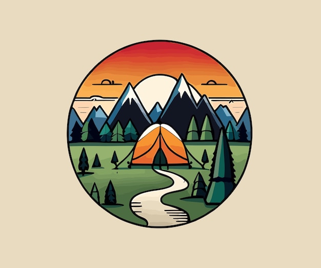 Ilustração de barraca de acampamento com vetor de floresta de montanhas para emblema de cartaz de emblemas de logotipo de camiseta