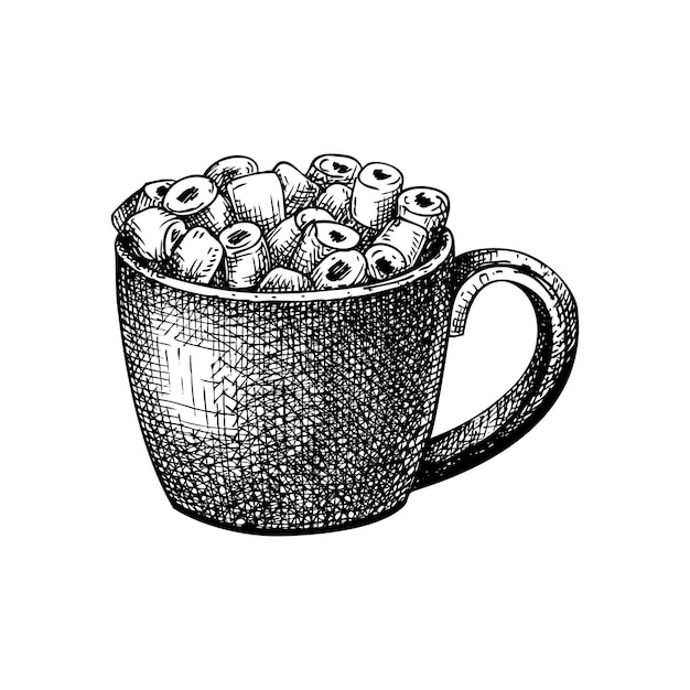 Ilustração de bebida de inverno chocolate quente desenhado à mão com marsh mellows