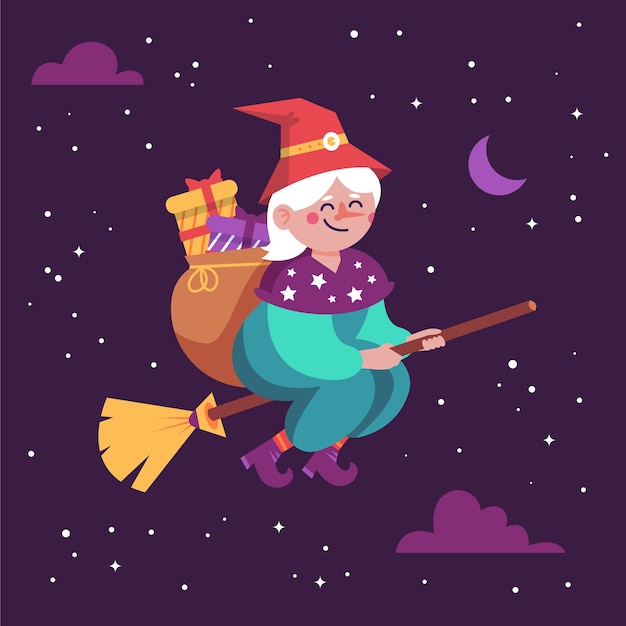 Ilustração de befana plana desenhada à mão