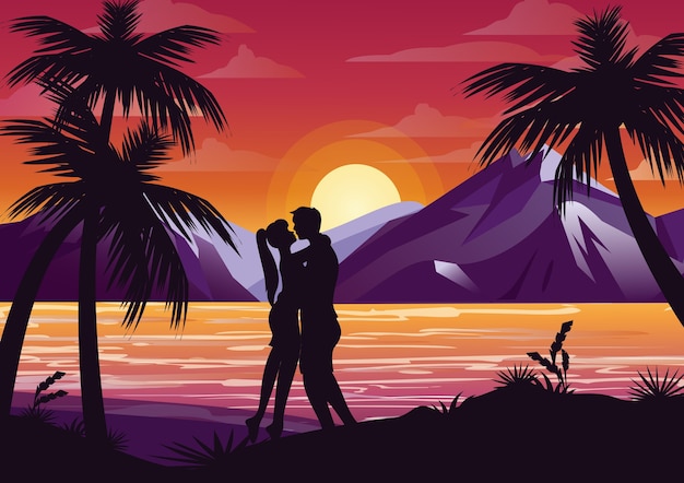 Vetor ilustração de beijar a silhueta do casal na praia sob a palmeira no fundo do sol e as montanhas em estilo simples.