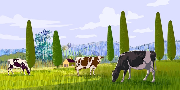 Ilustração de belas paisagens naturais Floresta rio colinas campo de montanha campo rural