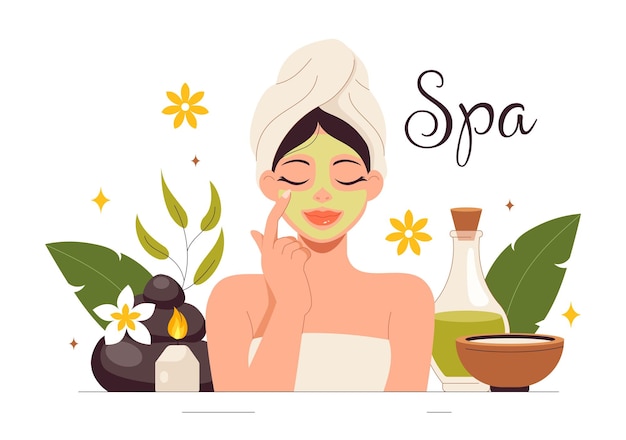 Ilustração de beleza e saúde de spa com cosméticos naturais e produtos ecológicos para tratamentos problemáticos de pele ou rosto em mulheres