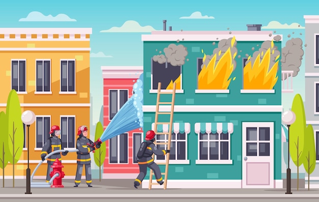 Ilustração de bombeiros em casa em chamas