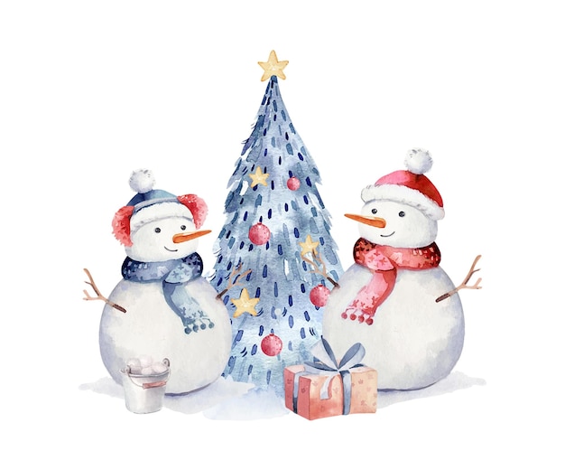 Ilustração de boneco de neve bonito em aquarela feliz natal e feliz ano novo árvore de natal