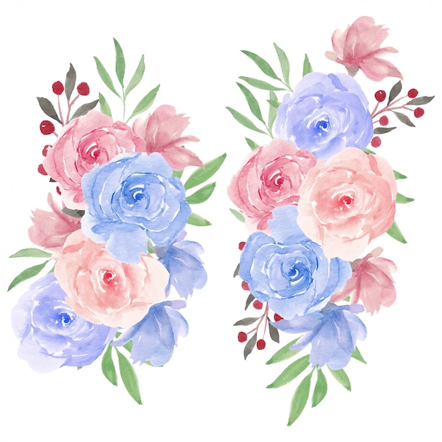 Vetor ilustração de buquê de flores em aquarela rosa em azul rosa