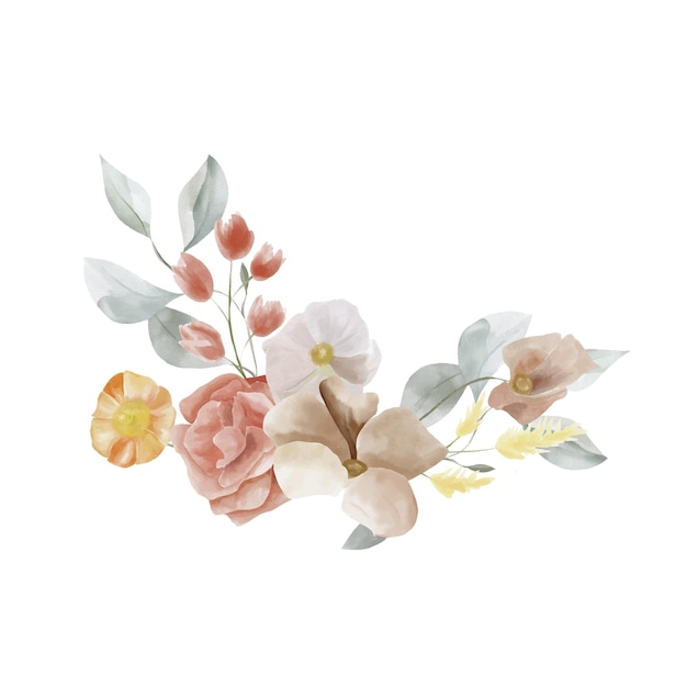 Ilustração de buquê floral em aquarela blush rosa azul flor amarela folha verde folhas galhos