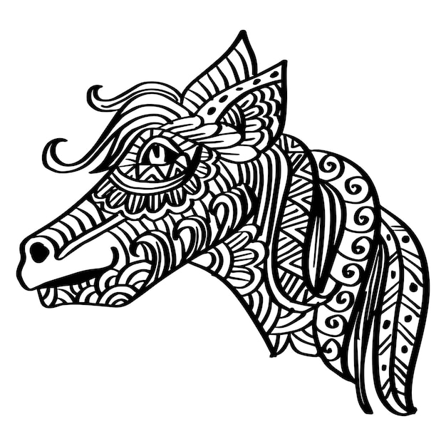 Ilustração de cabeça de cavalo zentangle desenhada à mão