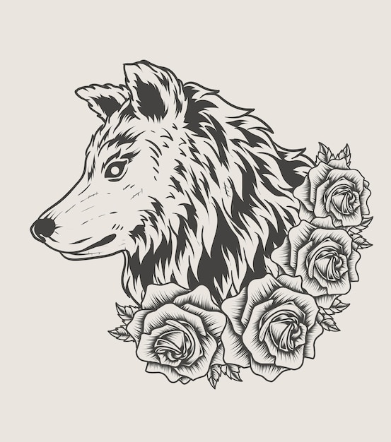 Ilustração de cabeça de lobo com estilo monocromático de flor rosa