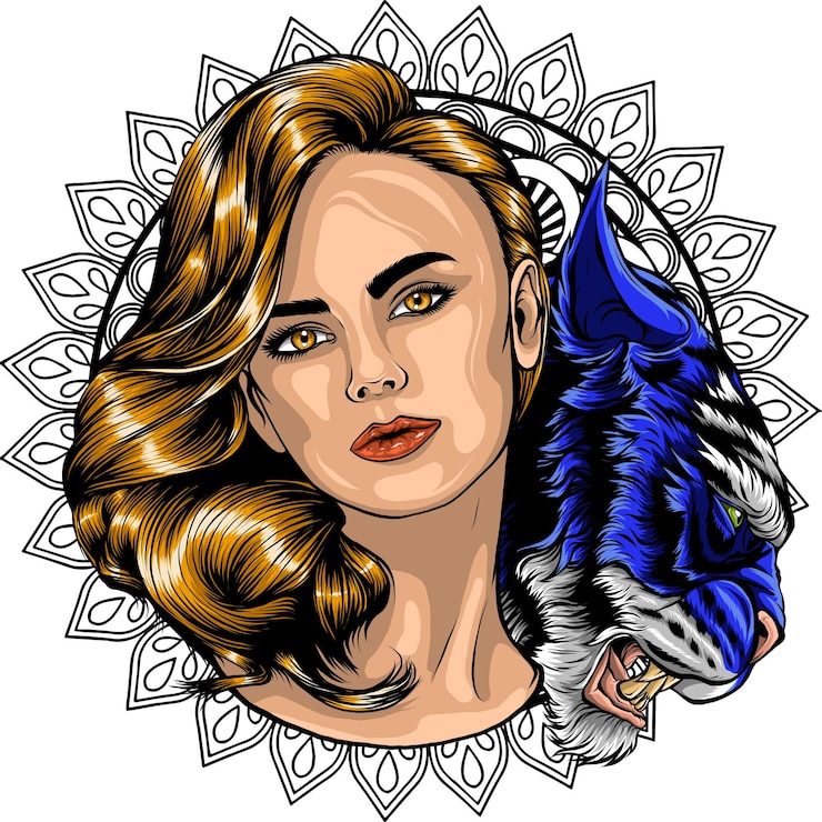 Vetor ilustração de cabeça de mulher com tigre