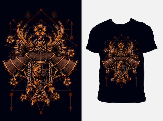 Ilustração de cabeça de samurai com design de camiseta