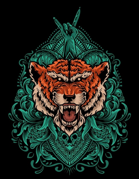 Ilustração de cabeça de tigre com ornamento de gravura vintage
