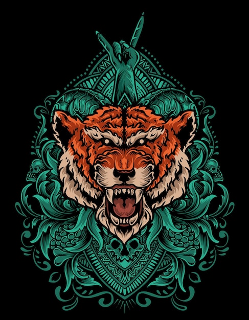 Ilustração de cabeça de tigre com ornamento de gravura vintage