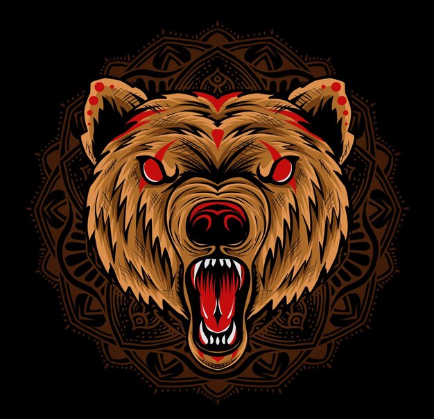 Ilustração de cabeça de urso zangado com ornamento de mandala