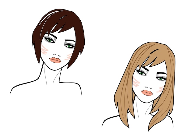 Ilustração de cabelo curto e estilo longo de rosto feminino em fundo branco colorido