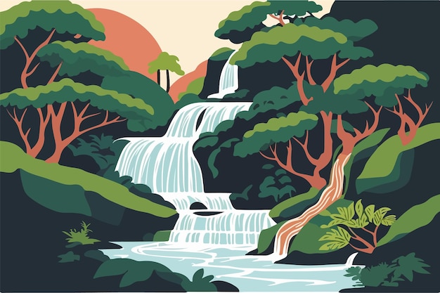 ilustração de Cachoeira floresta natureza tropical fundo selva papel de parede vetor estilo de cor plana