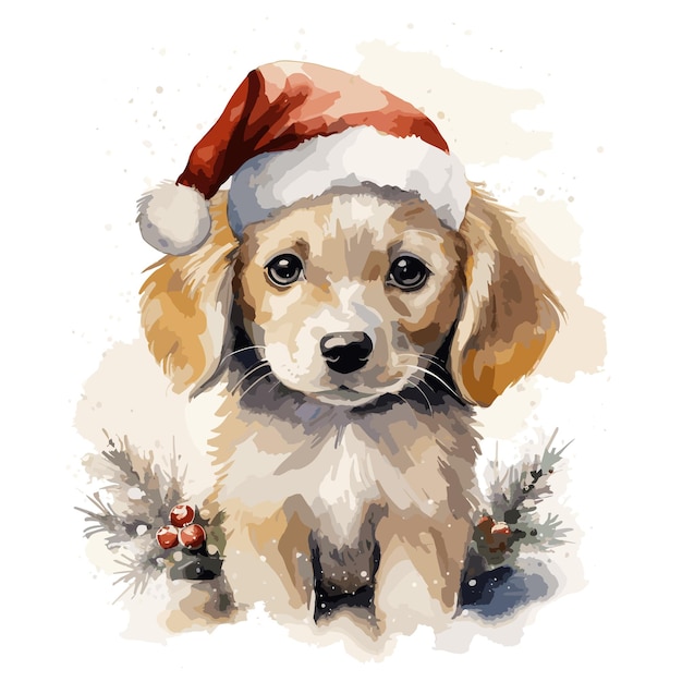 Ilustração de cachorro de natal com chapéu de papai noel estilo aquarela