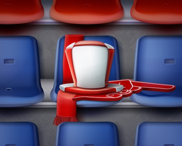 Ilustração de cadeiras de plástico vermelhas e azuis em fila na arquibancada com atributos de ventilador