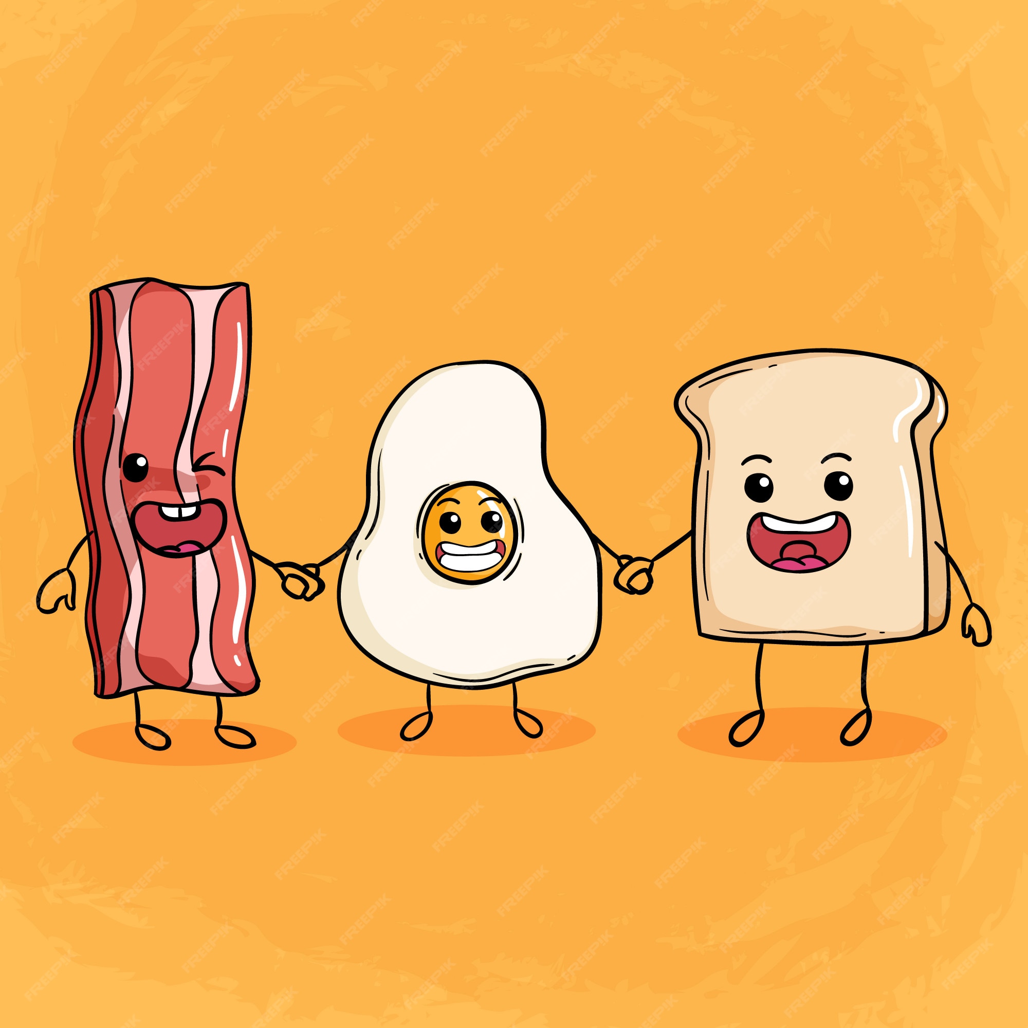 bacon feliz fofo e engraçado e ovos fritos. vector personagens de