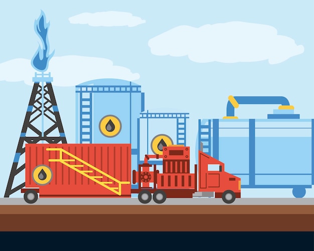 Ilustração de caminhão e tanques da indústria de perfuração de petróleo e gás da torre de fracking