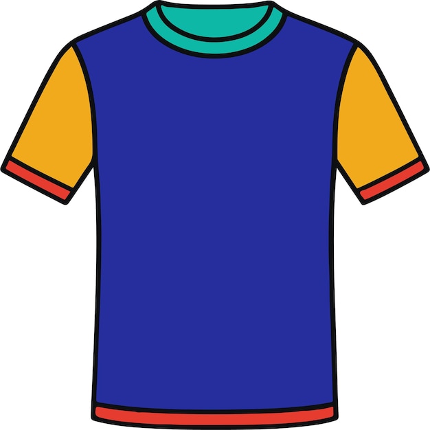 Ilustração de camiseta colorida de mangas curtas com corpo azul, mangas amarelas e acabamento vermelho