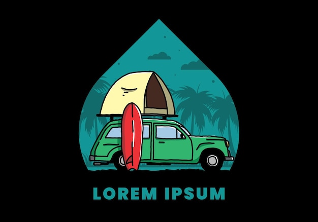 Ilustração de carro com uma barraca de teto e uma prancha de surf na lateral
