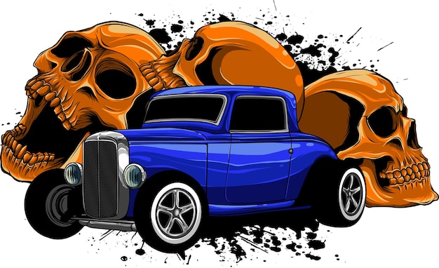 Vetor ilustração de carro hot rod com caveiras