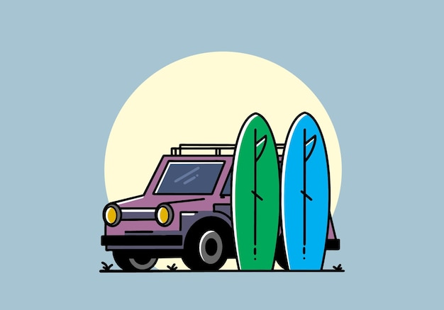 Ilustração de carro pequeno e duas pranchas de surf