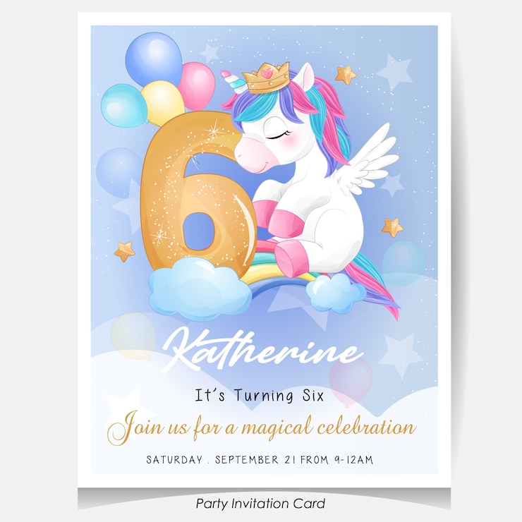 Vetor ilustração de cartão de convite de festa de aniversário de unicórnio fofo