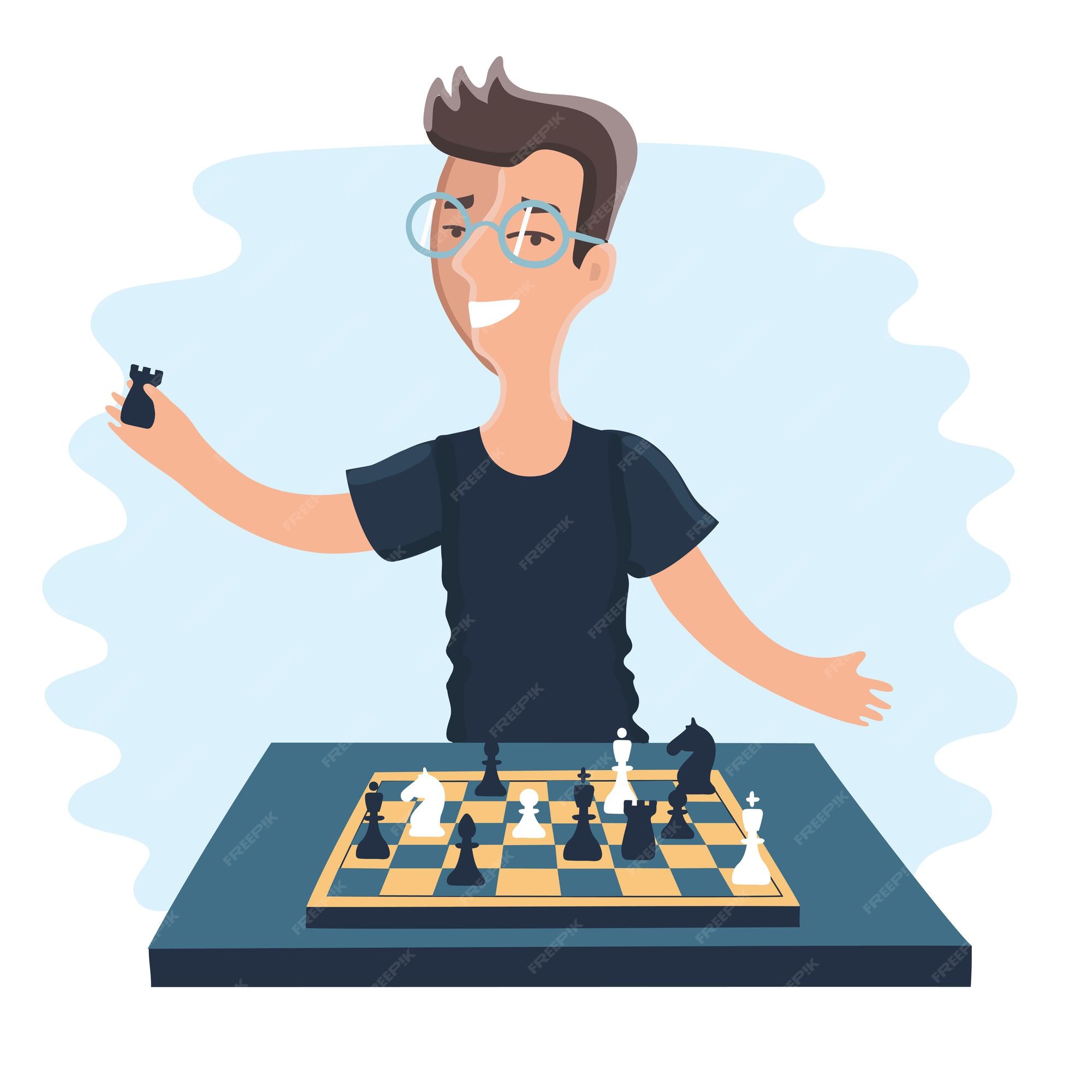 Ilustração plana de xadrez engraçado dos desenhos animados jogar xadrez.  personagem de vista frontal com letras. jogador de homem ponderando uma  jogada.