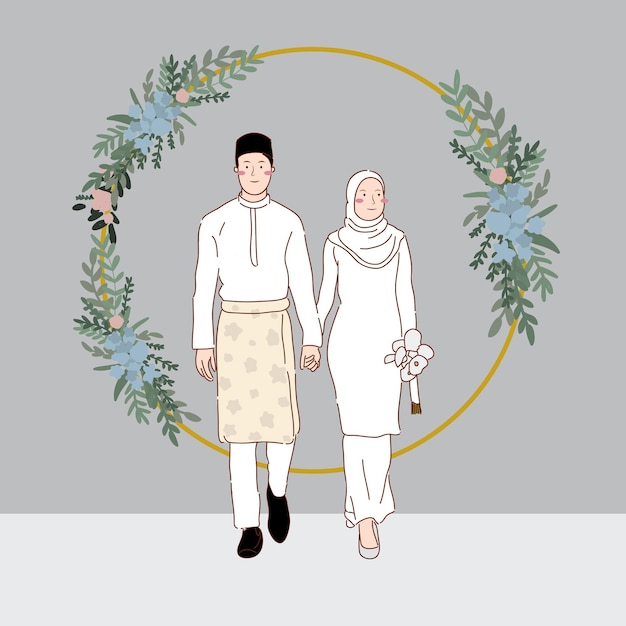 Ilustração de casal de casamento de moda estilo melayu vetor grátis